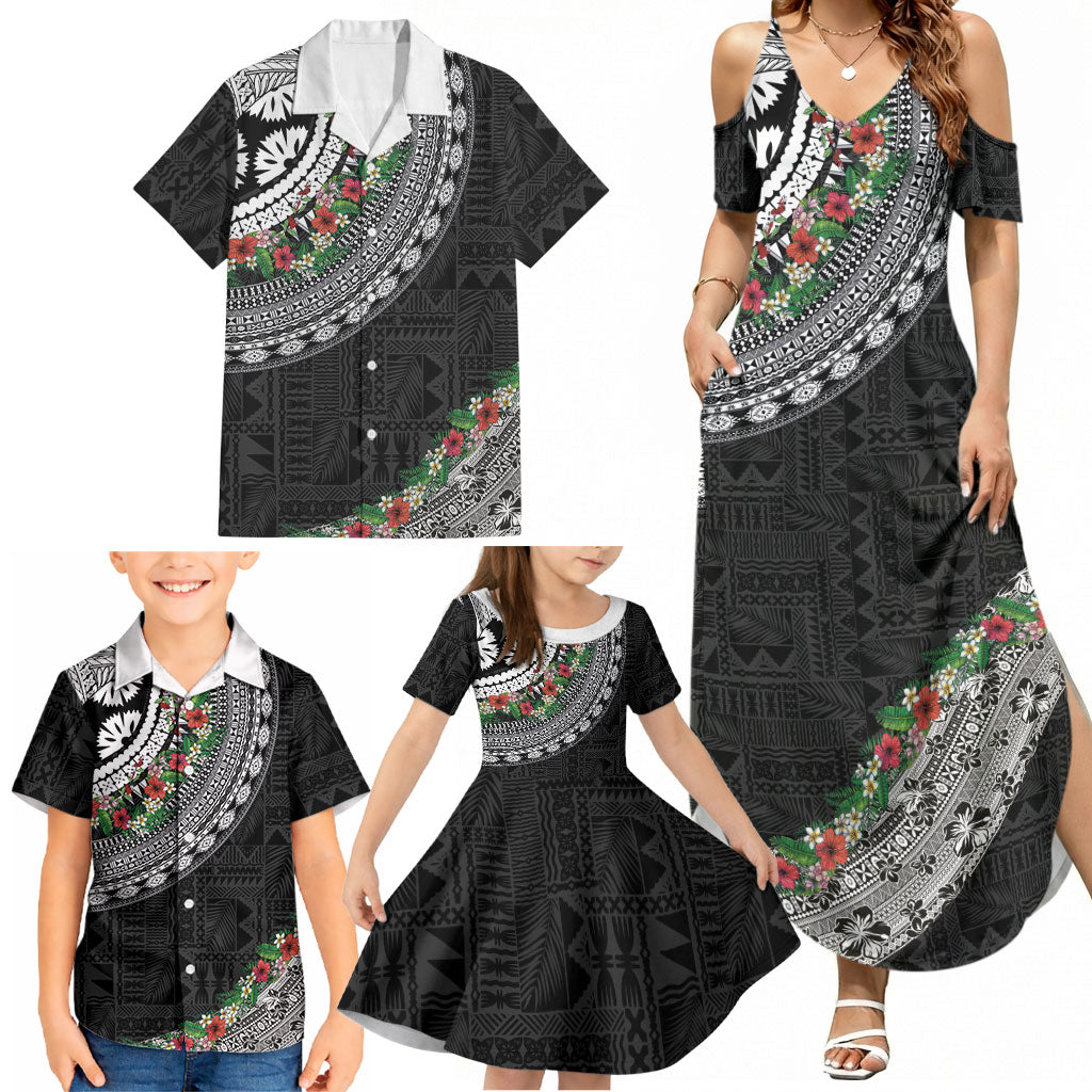 Fiji Hibiscus Family Matching Summer Maxi Dress and Hawaiian Shirt Tapa Masi Motifs with Tropical Plants