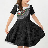 Fiji Hibiscus Kid Short Sleeve Dress Tapa Masi Motifs with Tropical Plants