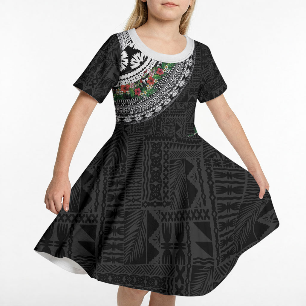 Fiji Hibiscus Kid Short Sleeve Dress Tapa Masi Motifs with Tropical Plants
