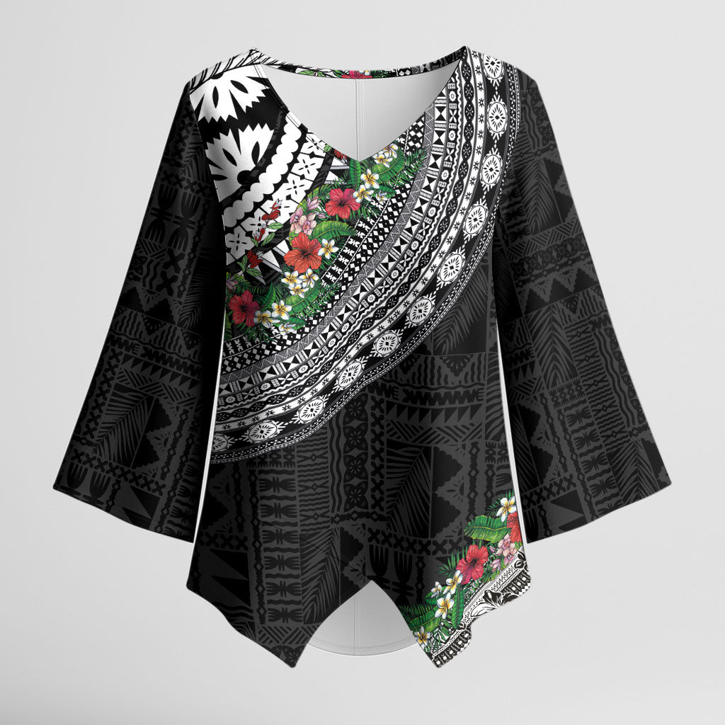 Fiji Hibiscus Kimono Sleeve Blouse Tapa Masi Motifs with Tropical Plants