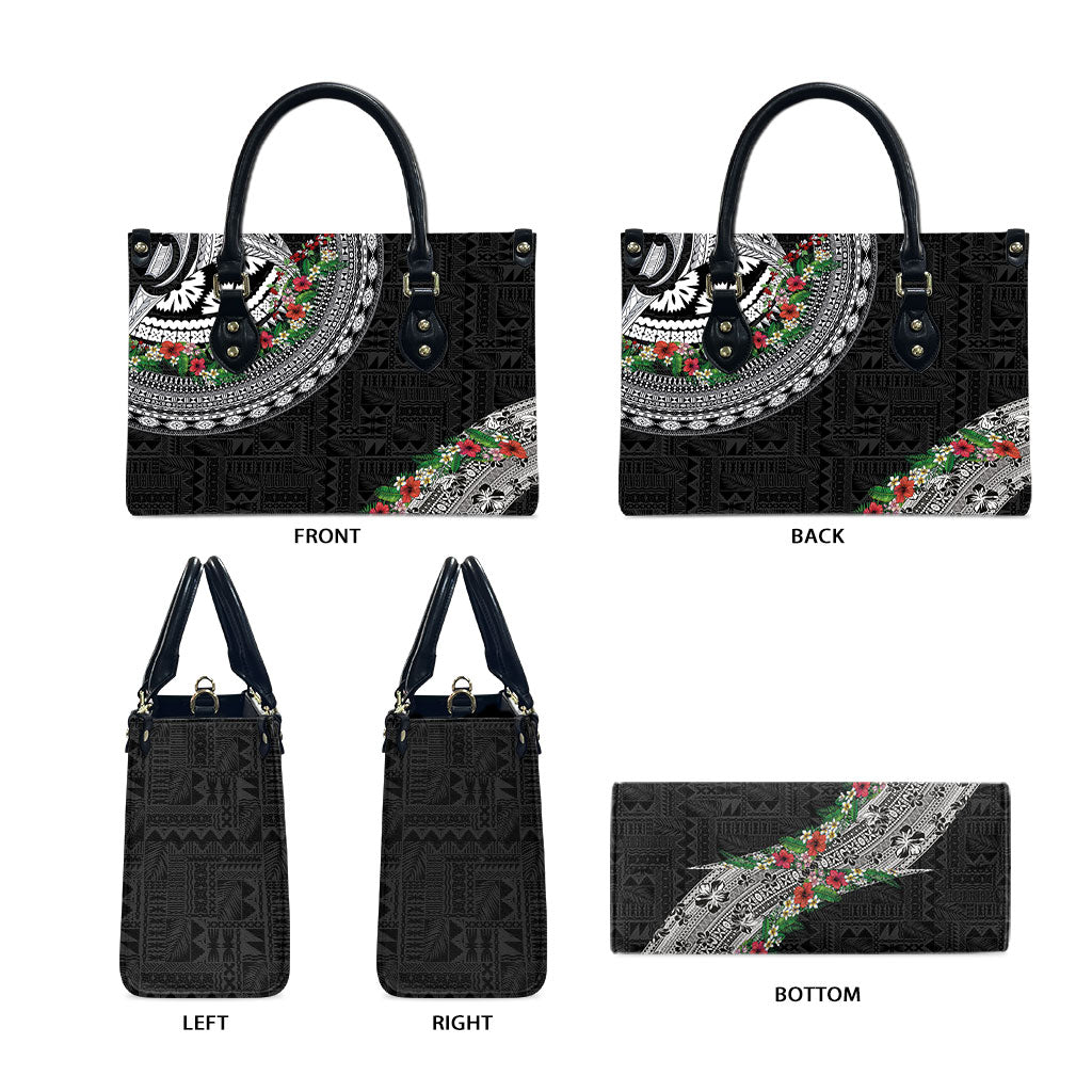 Fiji Hibiscus Leather Bag Tapa Masi Motifs with Tropical Plants