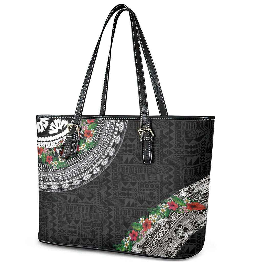 Fiji Hibiscus Leather Tote Bag Tapa Masi Motifs with Tropical Plants