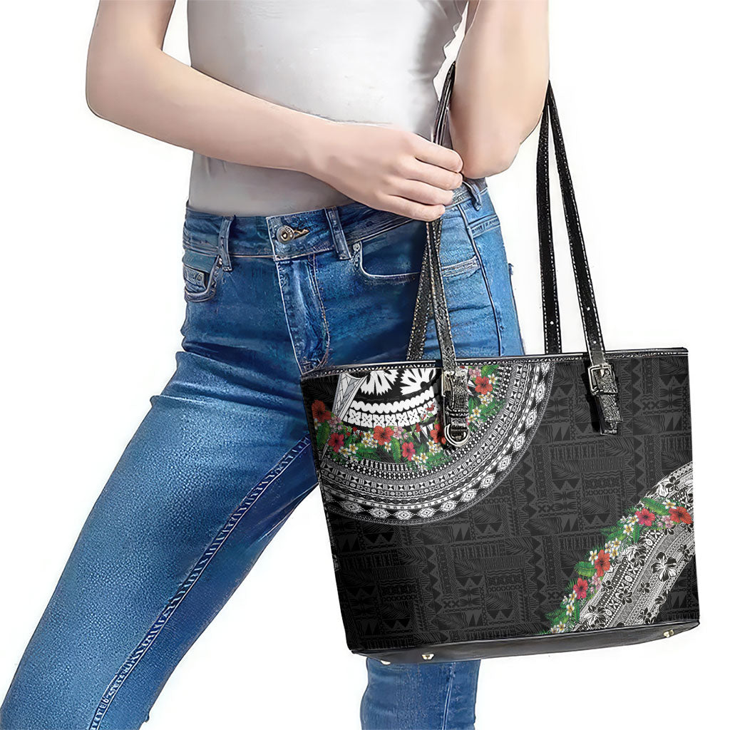 Fiji Hibiscus Leather Tote Bag Tapa Masi Motifs with Tropical Plants