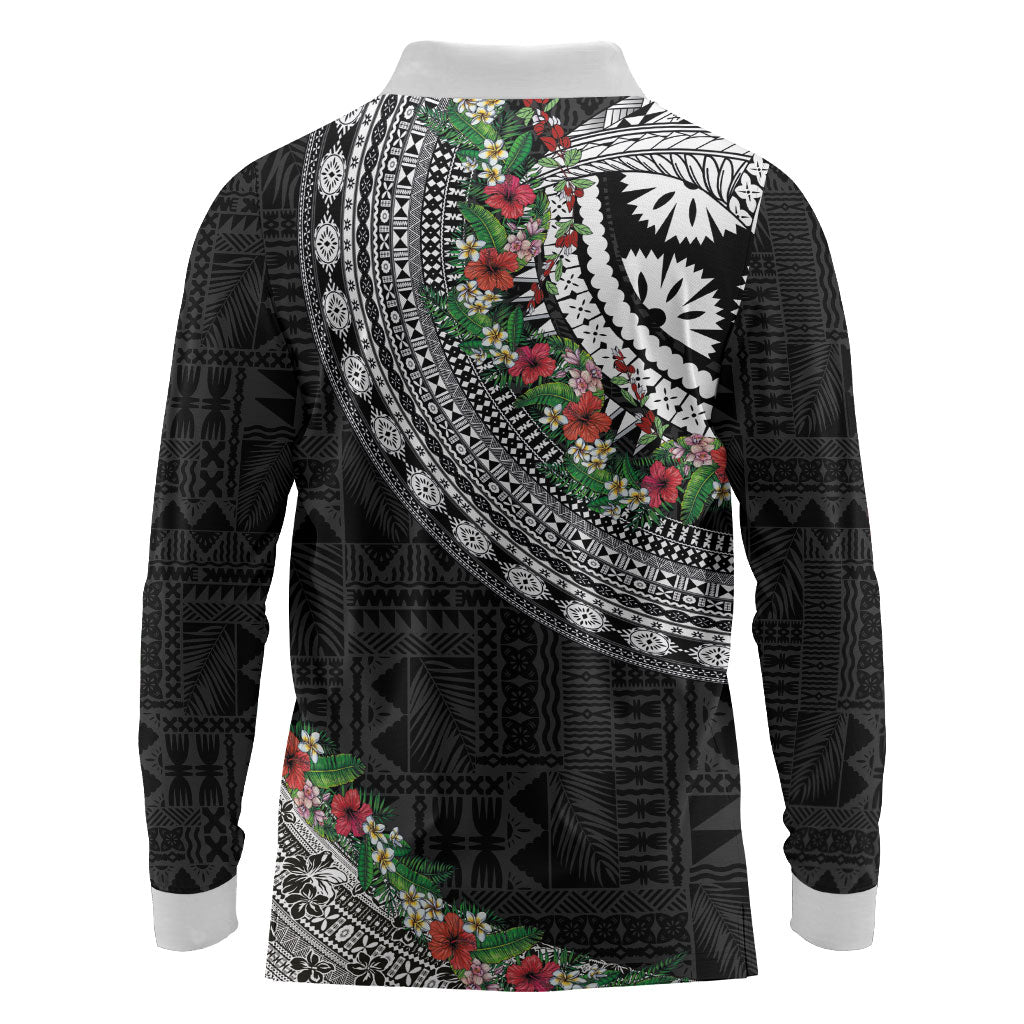 Fiji Hibiscus Long Sleeve Polo Shirt Tapa Masi Motifs with Tropical Plants