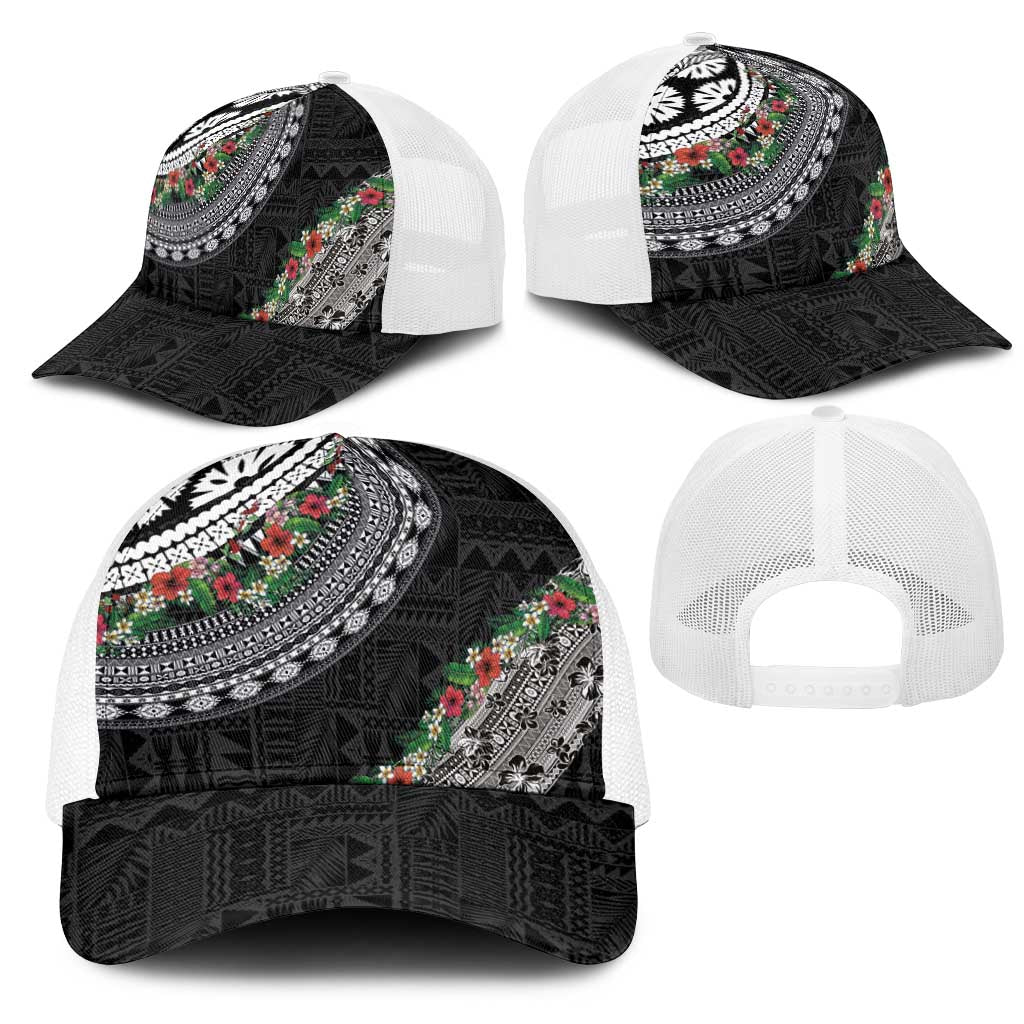 Fiji Hibiscus Mesh Trucker Cap Tapa Masi Motifs with Tropical Plants