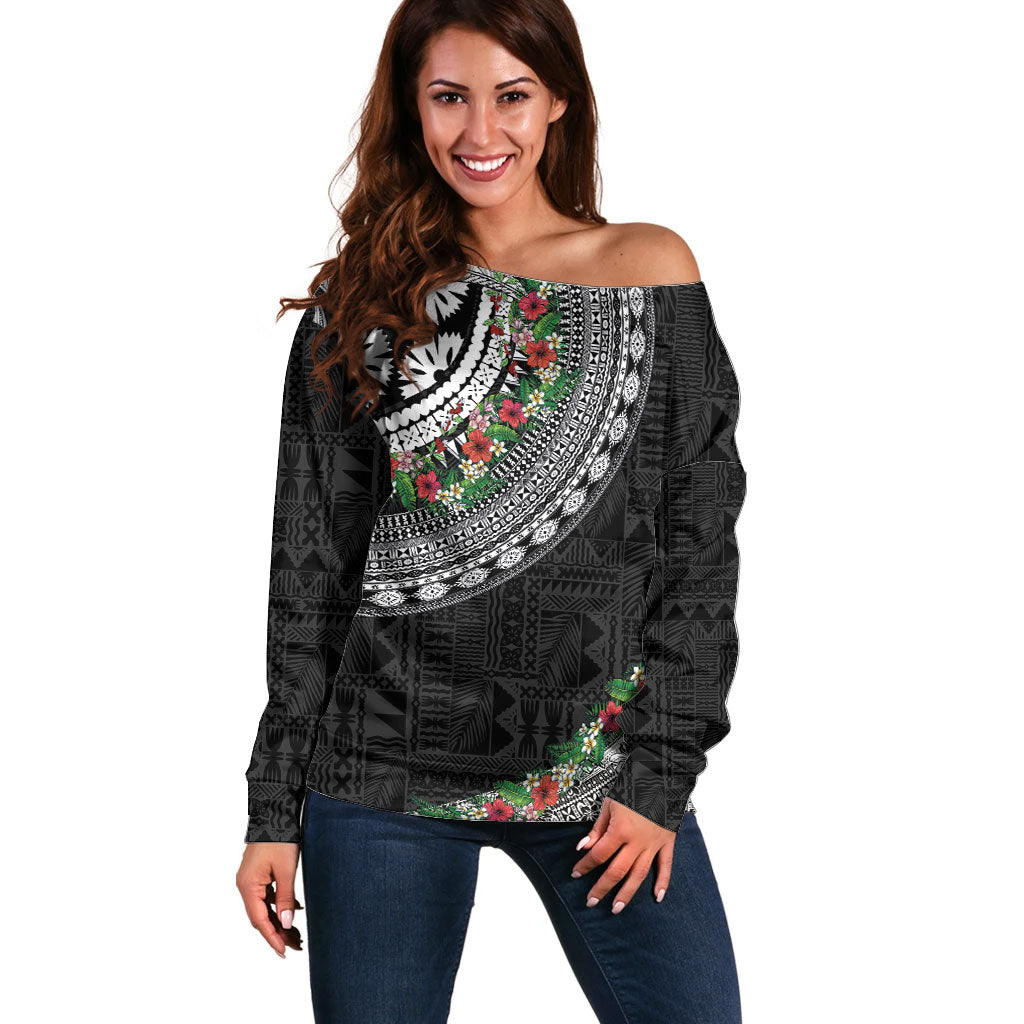 Fiji Hibiscus Off Shoulder Sweater Tapa Masi Motifs with Tropical Plants LT03 Women Black - Polynesian Pride