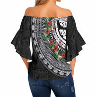 Fiji Hibiscus Off Shoulder Wrap Waist Top Tapa Masi Motifs with Tropical Plants LT03 - Polynesian Pride