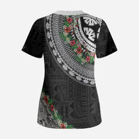 Fiji Hibiscus Scrub Top Tapa Masi Motifs with Tropical Plants