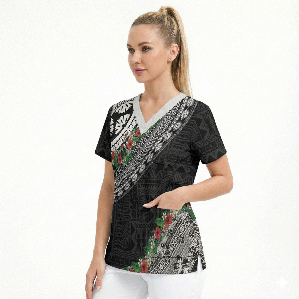 Fiji Hibiscus Scrub Top Tapa Masi Motifs with Tropical Plants