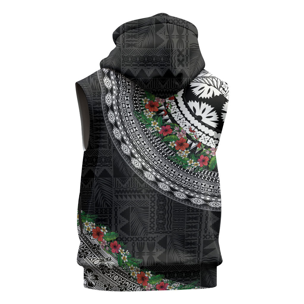 Fiji Hibiscus Sleeveless Zip Hoodie Tapa Masi Motifs with Tropical Plants