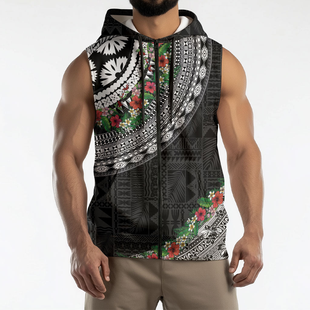Fiji Hibiscus Sleeveless Zip Hoodie Tapa Masi Motifs with Tropical Plants