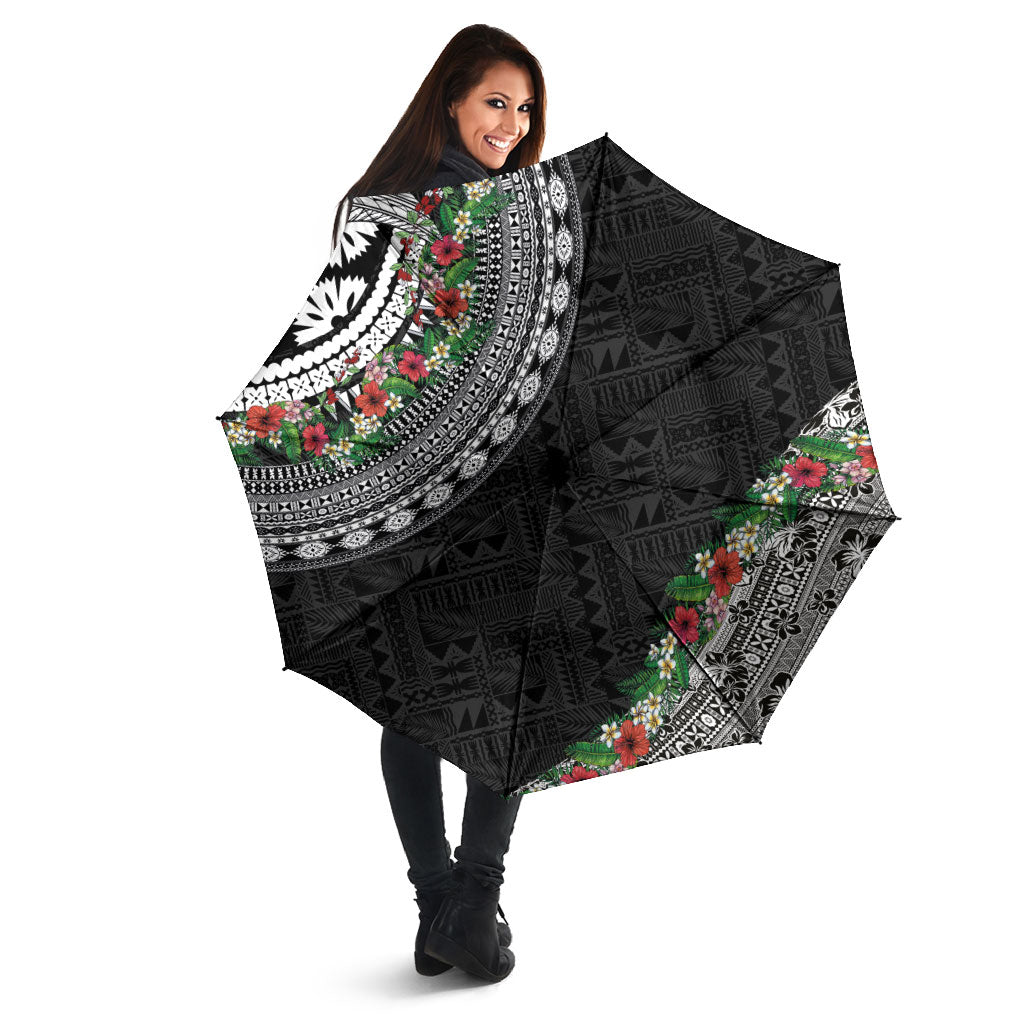 Fiji Hibiscus Umbrella Tapa Masi Motifs with Tropical Plants