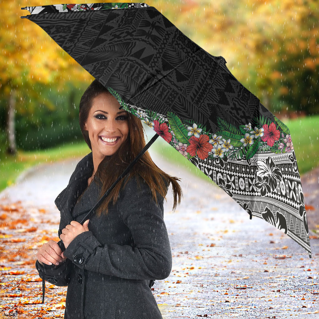 Fiji Hibiscus Umbrella Tapa Masi Motifs with Tropical Plants