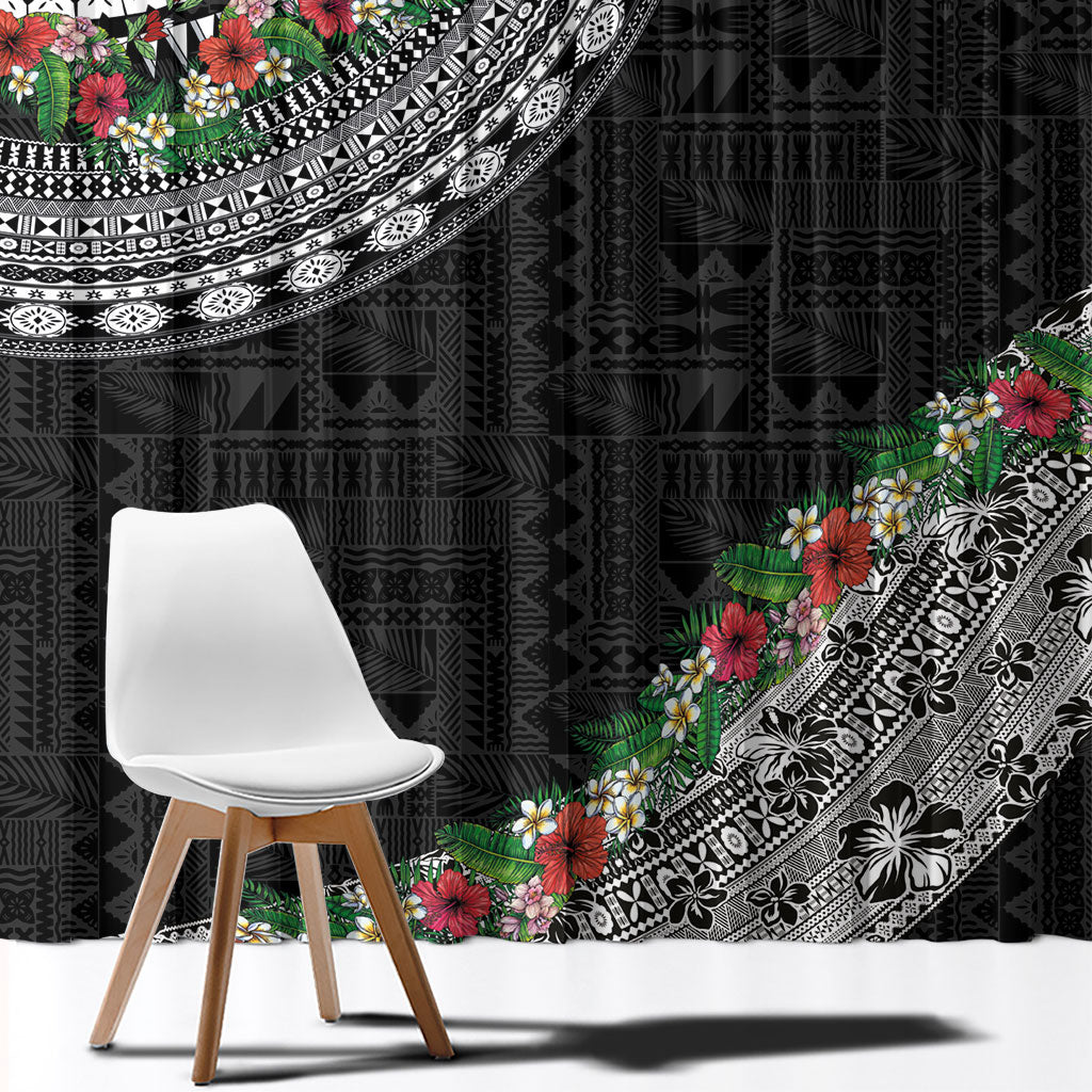 Fiji Hibiscus Window Curtain Tapa Masi Motifs with Tropical Plants