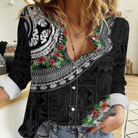 Fiji Hibiscus Women Casual Shirt Tapa Masi Motifs with Tropical Plants