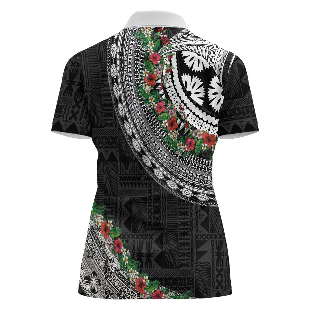 Fiji Hibiscus Women Polo Shirt Tapa Masi Motifs with Tropical Plants
