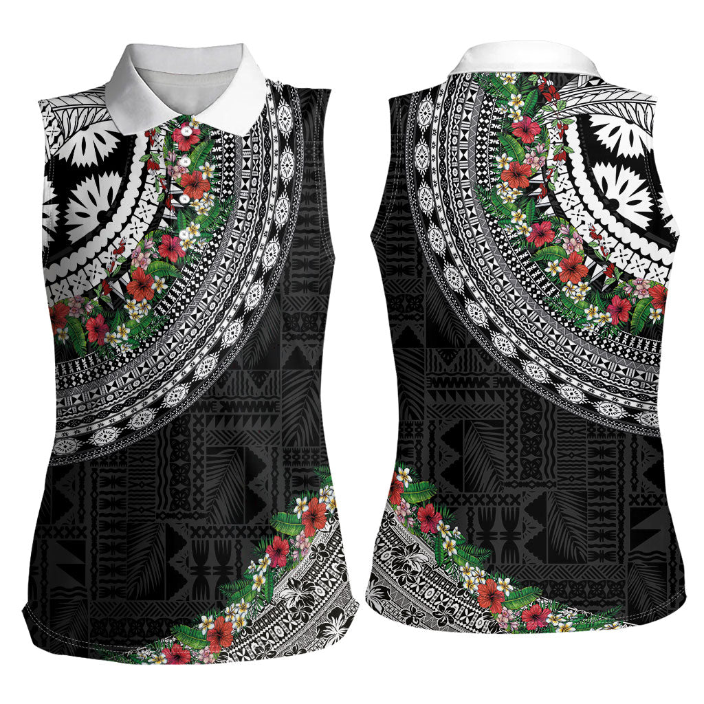 Fiji Hibiscus Women Sleeveless Polo Shirt Tapa Masi Motifs with Tropical Plants