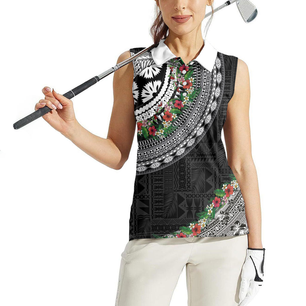 Fiji Hibiscus Women Sleeveless Polo Shirt Tapa Masi Motifs with Tropical Plants