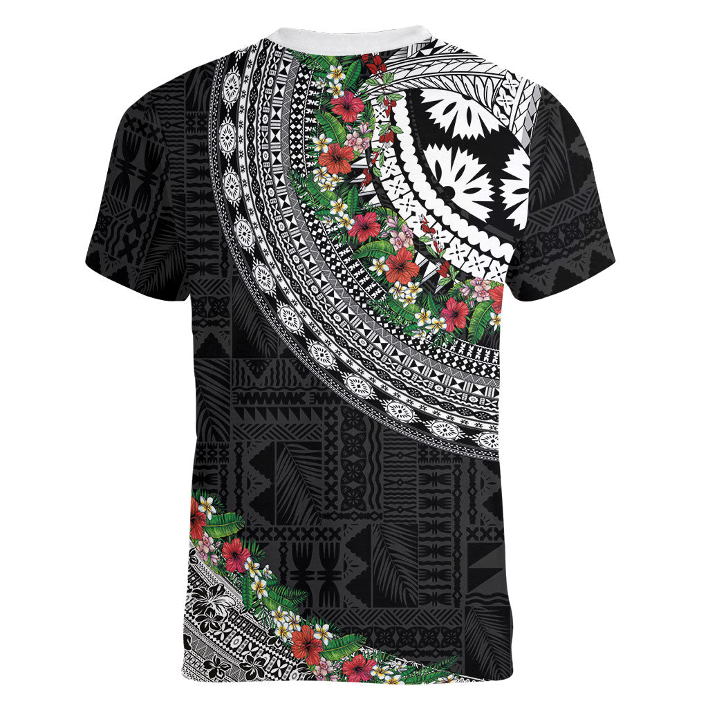 Fiji Hibiscus Women V-Neck T-Shirt Tapa Masi Motifs with Tropical Plants