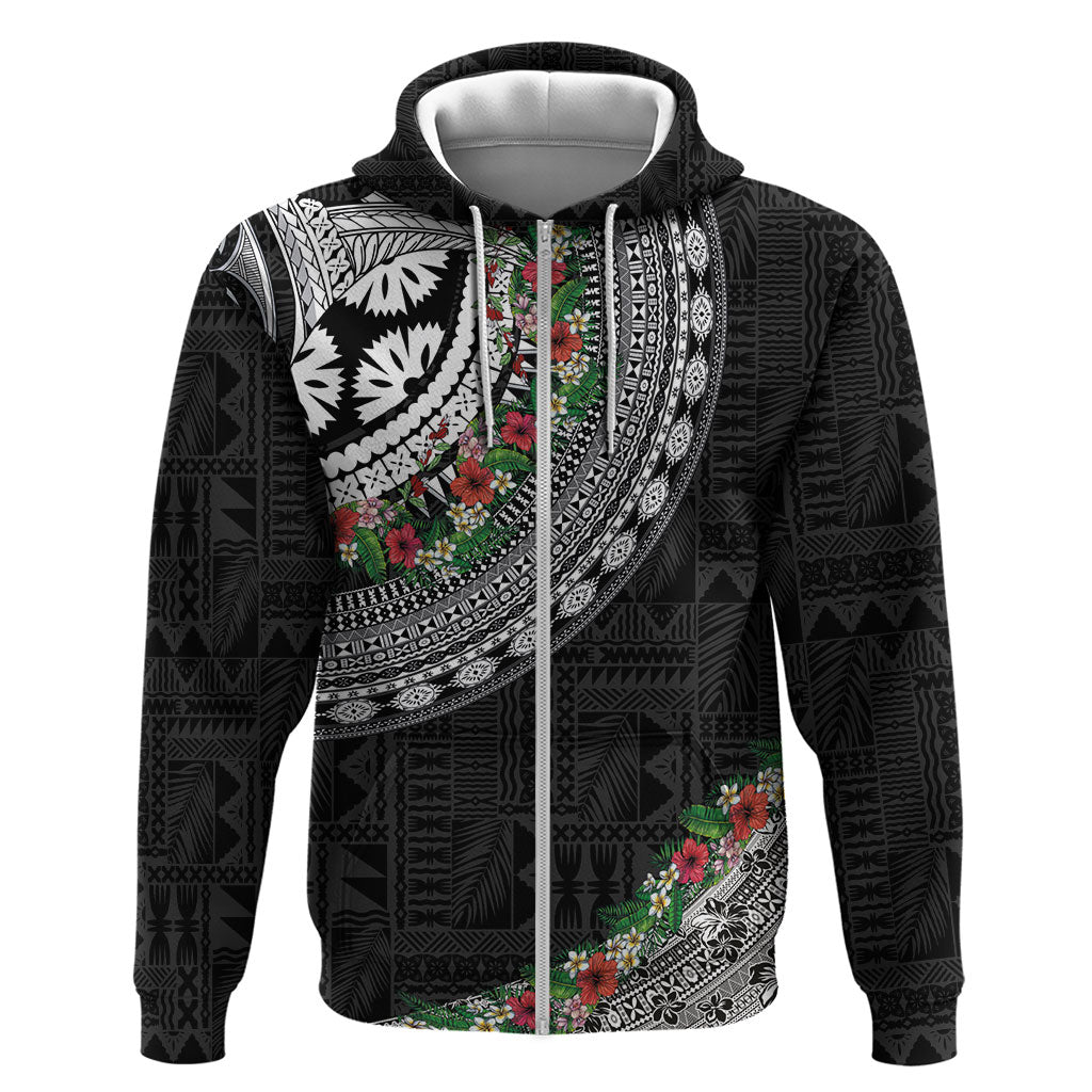 Fiji Hibiscus Zip Hoodie Tapa Masi Motifs with Tropical Plants