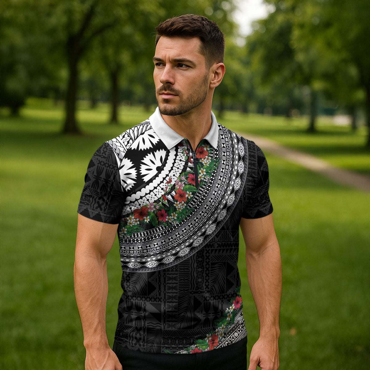 Fiji Hibiscus Zipper Polo Shirt Tapa Masi Motifs with Tropical Plants
