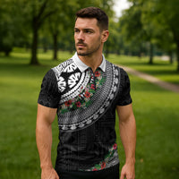 Fiji Hibiscus Zipper Polo Shirt Tapa Masi Motifs with Tropical Plants