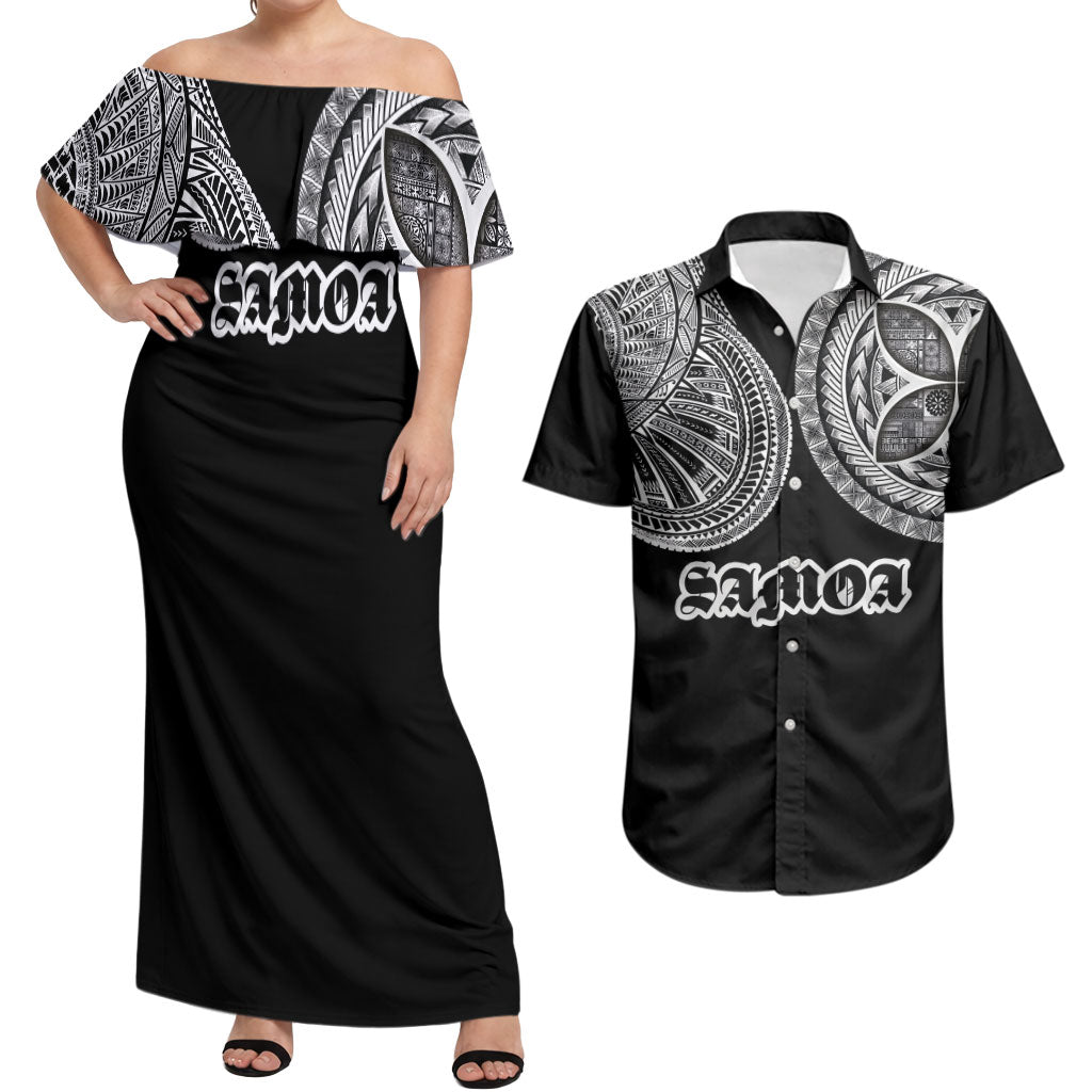 Samoa Traditional Tattoo Couples Matching Off Shoulder Maxi Dress and Hawaiian Shirt Tribal Tatau Pattern
