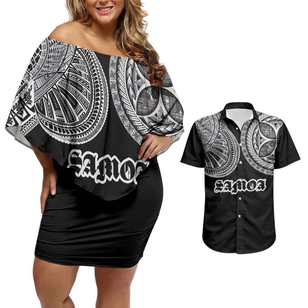 Samoa Traditional Tattoo Couples Matching Off Shoulder Short Dress and Hawaiian Shirt Tribal Tatau Pattern