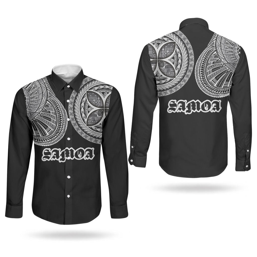 Samoa Traditional Tattoo Couples Matching Off The Shoulder Long Sleeve Dress and Long Sleeve Button Shirt Tribal Tatau Pattern