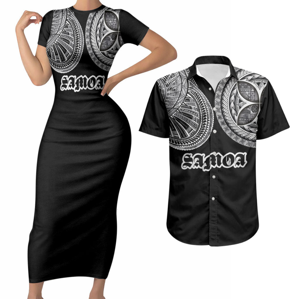 Samoa Traditional Tattoo Couples Matching Short Sleeve Bodycon Dress and Hawaiian Shirt Tribal Tatau Pattern