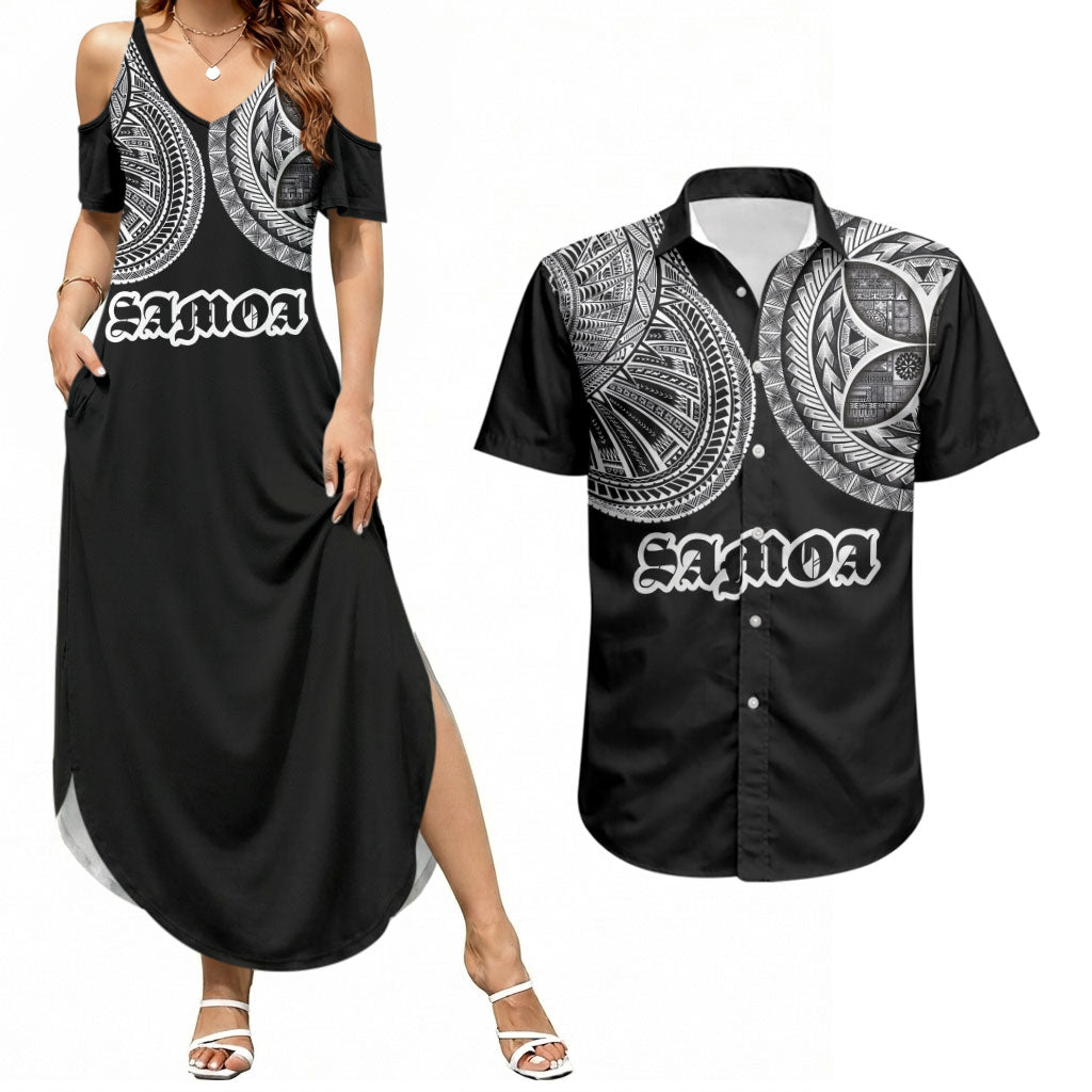 Samoa Traditional Tattoo Couples Matching Summer Maxi Dress and Hawaiian Shirt Tribal Tatau Pattern