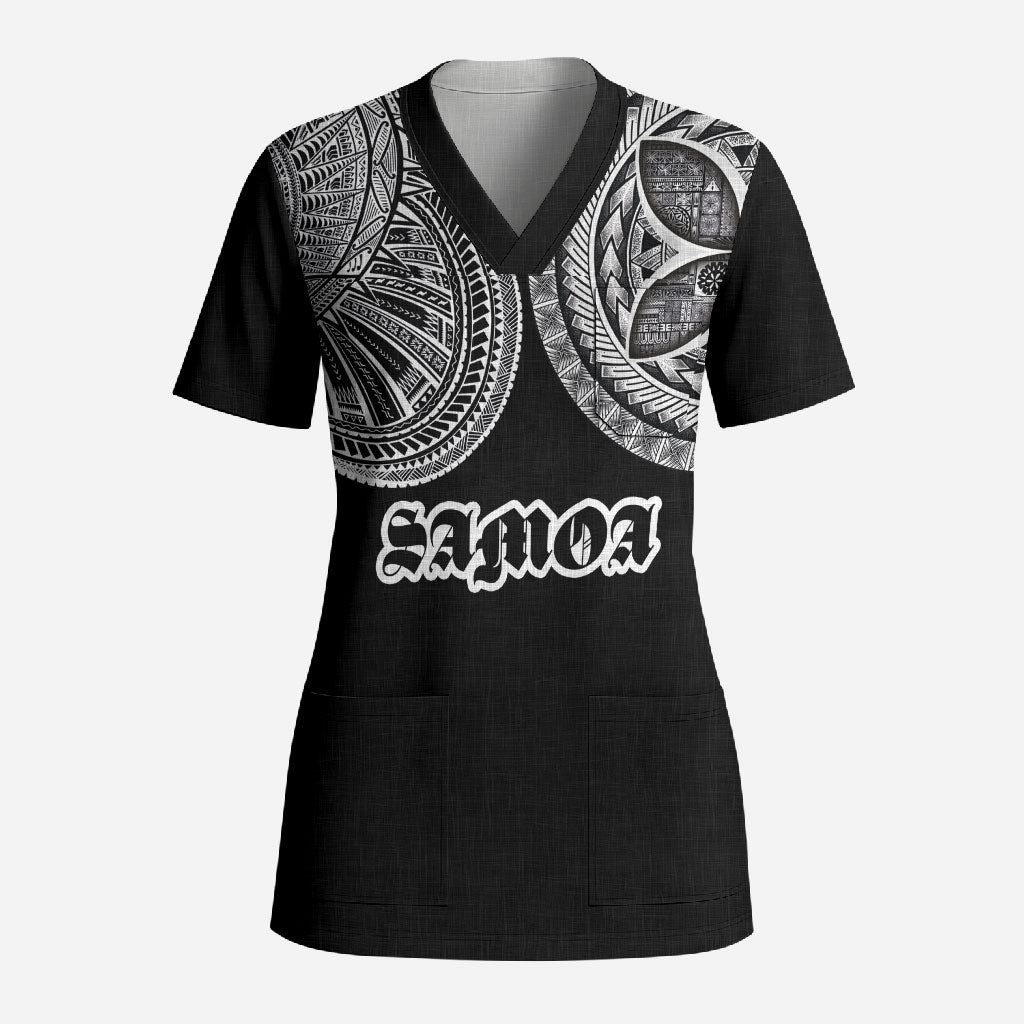 Samoa Traditional Tattoo Scrub Top Tribal Tatau Pattern LT03 Adult Black - Polynesian Pride