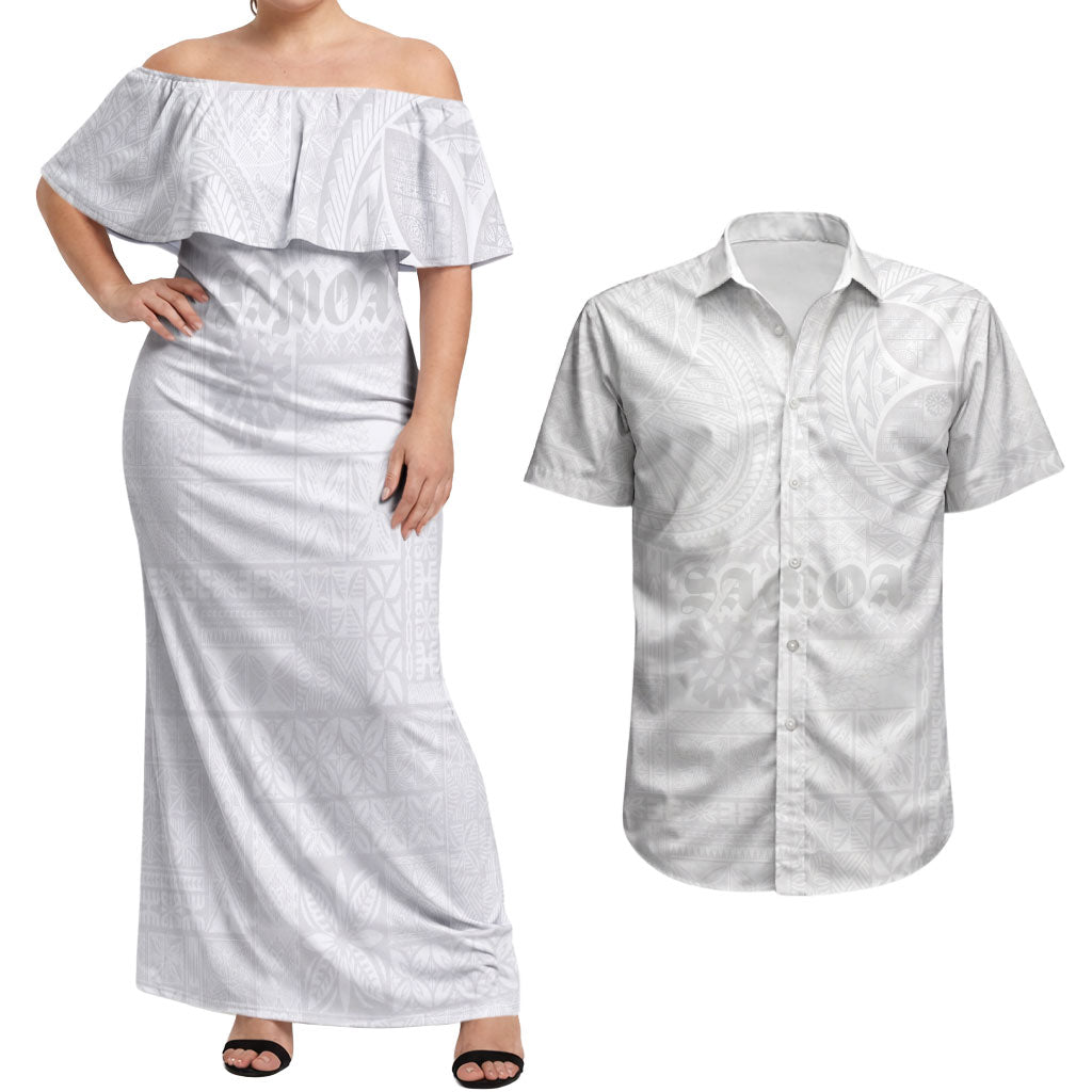 Samoa Lotu Tamaiti Couples Matching Off Shoulder Maxi Dress and Hawaiian Shirt Tribal Tatau with Siapo Pattern LT03 White - Polynesian Pride