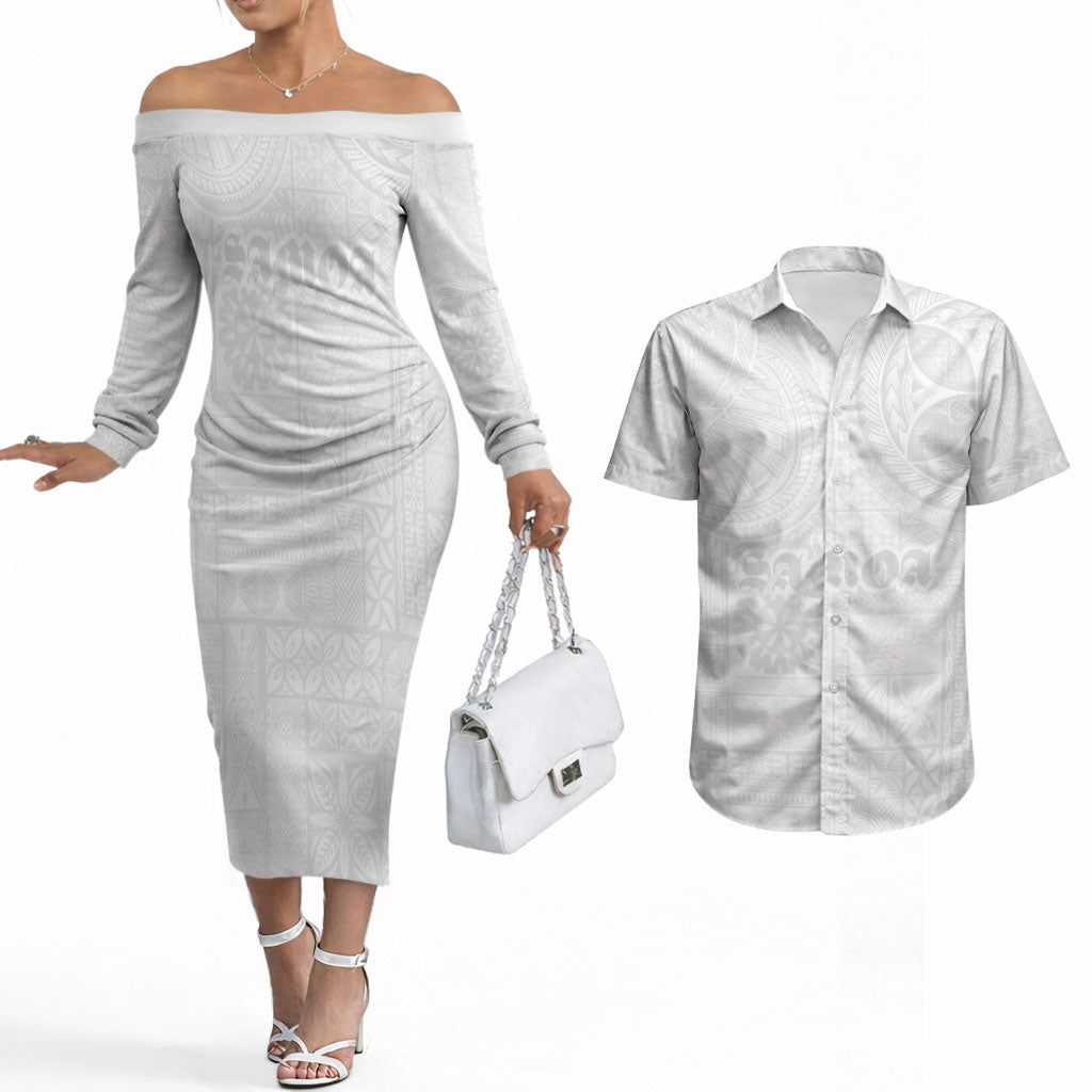 Samoa Lotu Tamaiti Couples Matching Off The Shoulder Long Sleeve Dress and Hawaiian Shirt Tribal Tatau with Siapo Pattern