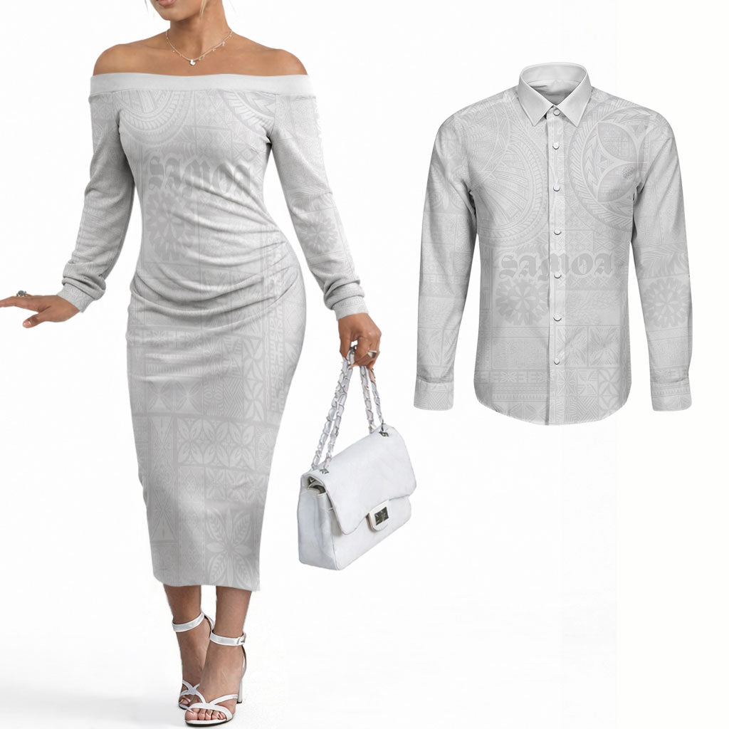 Samoa Lotu Tamaiti Couples Matching Off The Shoulder Long Sleeve Dress and Long Sleeve Button Shirt Tribal Tatau with Siapo Pattern