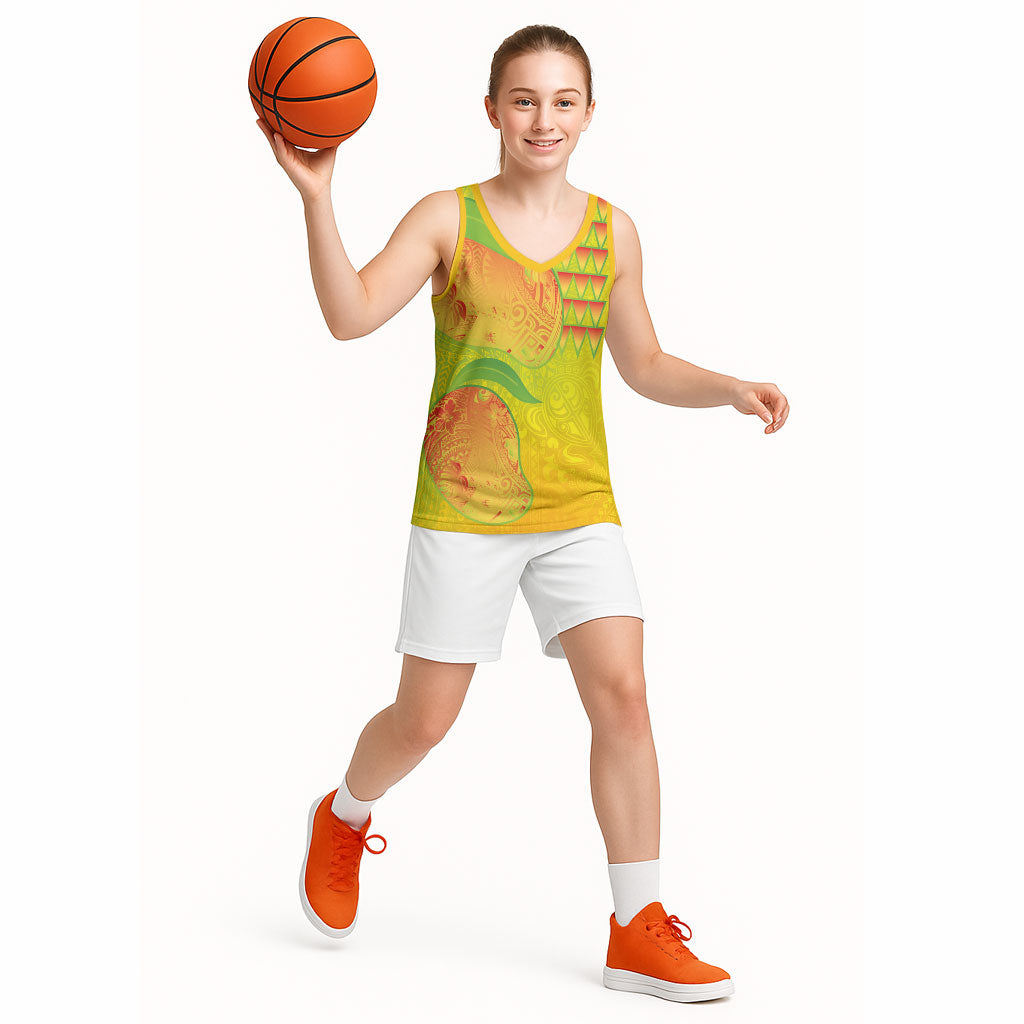 Hawaiian Mango Basketball Jersey Polynesian Art Pattern and Kakau Tattoo
