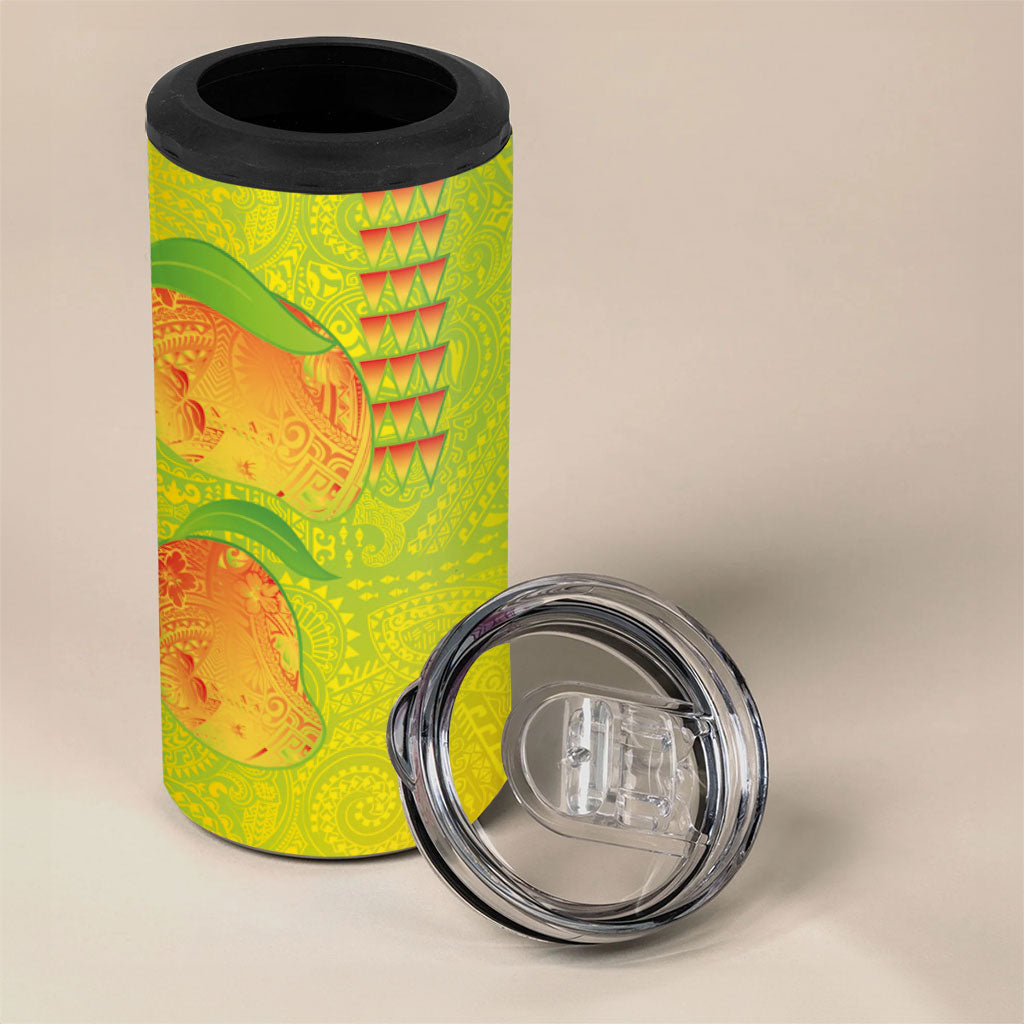Hawaiian Mango 4 in 1 Can Cooler Tumbler Polynesian Art Pattern and Kakau Tattoo