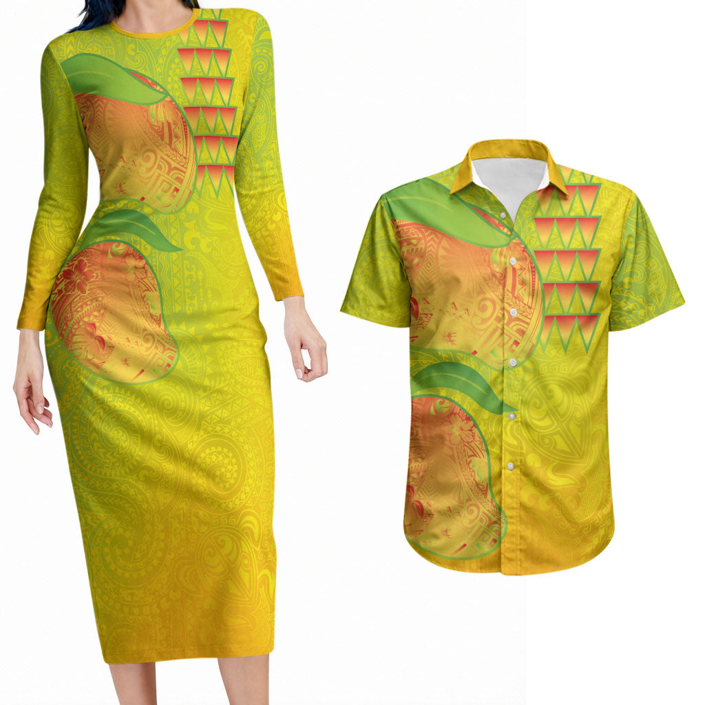 Hawaiian Mango Couples Matching Long Sleeve Bodycon Dress and Hawaiian Shirt Polynesian Art Pattern and Kakau Tattoo