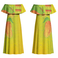 Hawaiian Mango Couples Matching Off Shoulder Maxi Dress and Long Sleeve Button Shirt Polynesian Art Pattern and Kakau Tattoo
