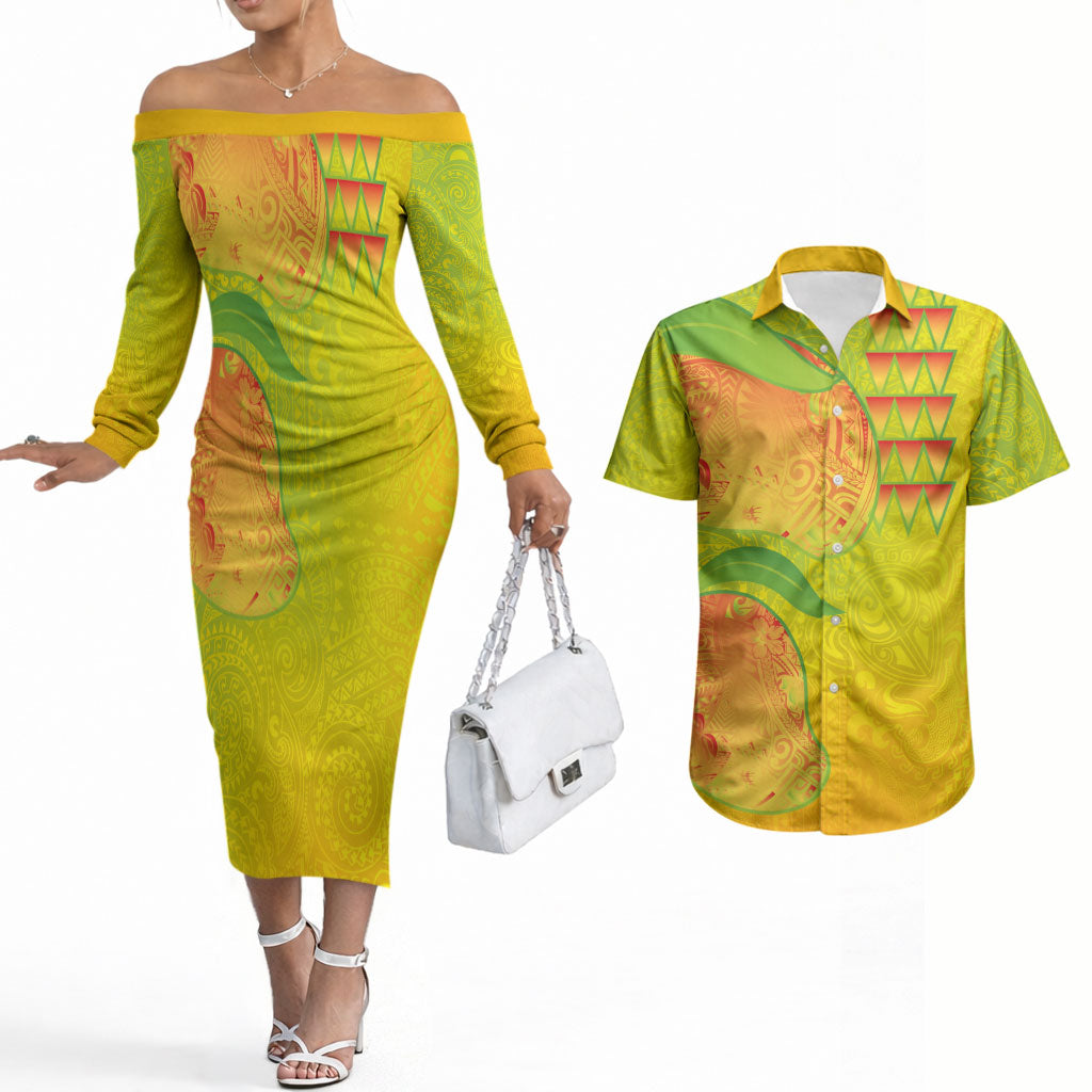 Hawaiian Mango Couples Matching Off The Shoulder Long Sleeve Dress and Hawaiian Shirt Polynesian Art Pattern and Kakau Tattoo