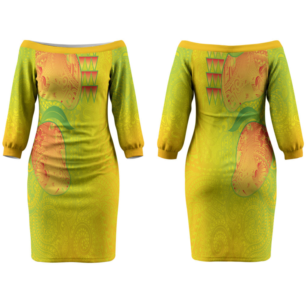 Hawaiian Mango Couples Matching Off The Shoulder Long Sleeve Dress and Long Sleeve Button Shirt Polynesian Art Pattern and Kakau Tattoo