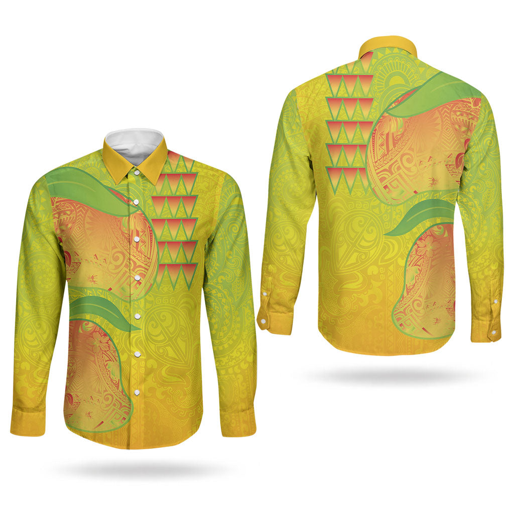 Hawaiian Mango Couples Matching Puletasi and Long Sleeve Button Shirt Polynesian Art Pattern and Kakau Tattoo