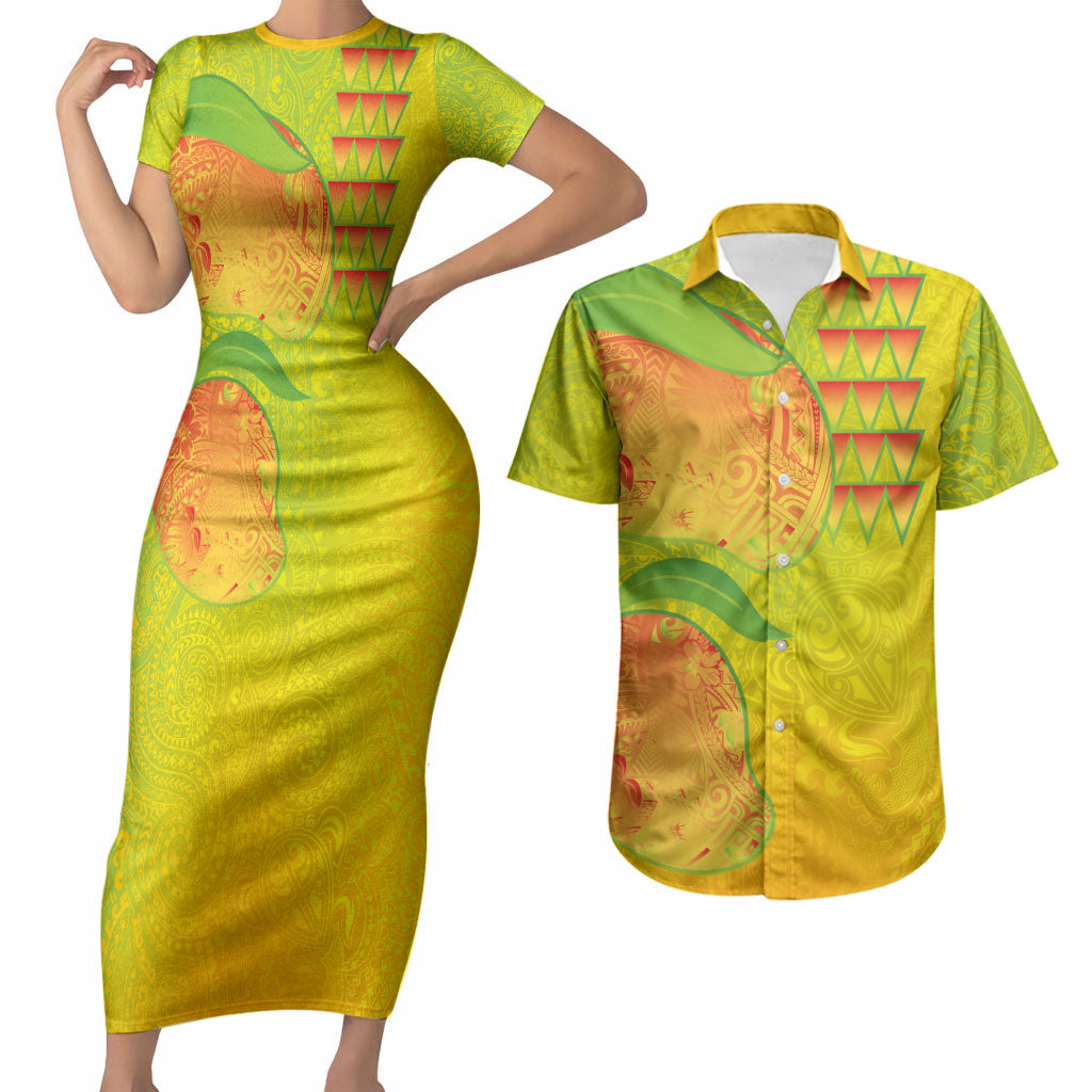 Hawaiian Mango Couples Matching Short Sleeve Bodycon Dress and Hawaiian Shirt Polynesian Art Pattern and Kakau Tattoo