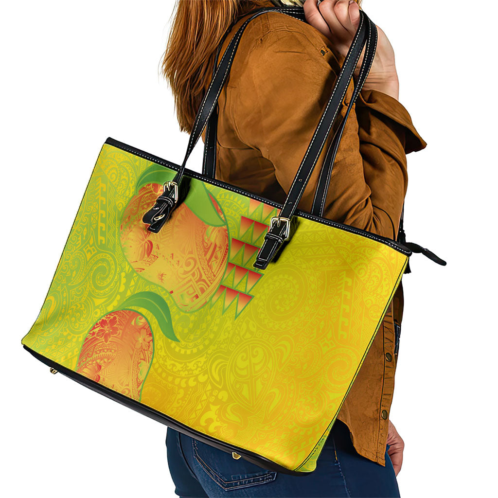 Hawaiian Mango Leather Tote Bag Polynesian Art Pattern and Kakau Tattoo