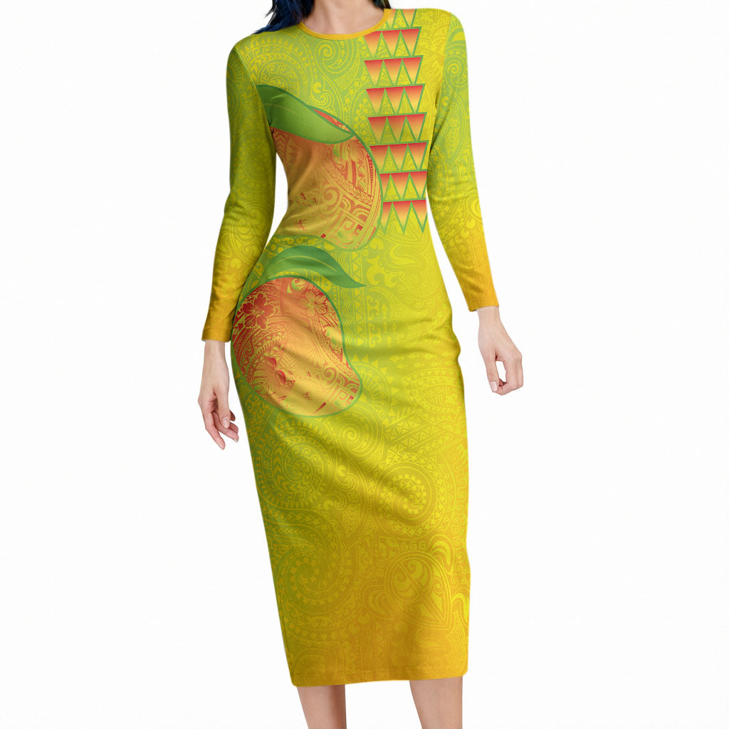 Hawaiian Mango Long Sleeve Bodycon Dress Polynesian Art Pattern and Kakau Tattoo