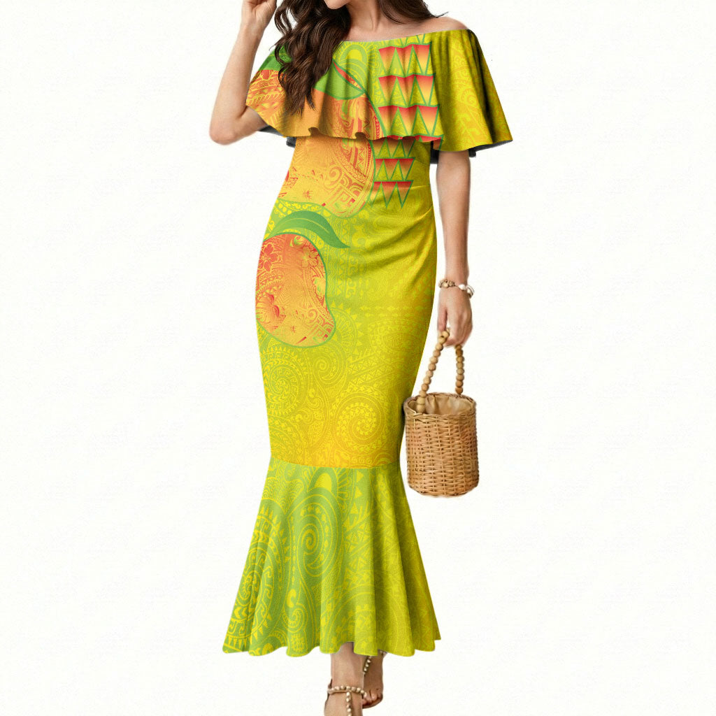 Hawaiian Mango Mermaid Dress Polynesian Art Pattern and Kakau Tattoo