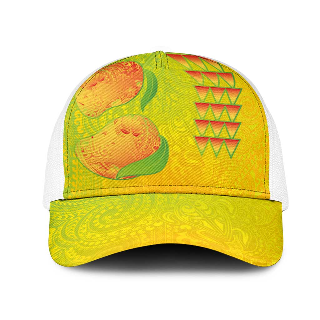 Hawaiian Mango Mesh Trucker Cap Polynesian Art Pattern and Kakau Tattoo LT03 One Size White Yellow - Polynesian Pride