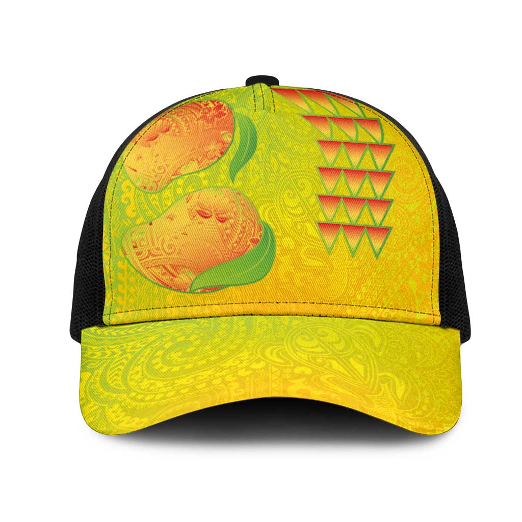 Hawaiian Mango Mesh Trucker Cap Polynesian Art Pattern and Kakau Tattoo