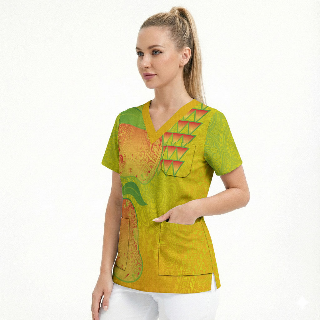 Hawaiian Mango Scrub Top Polynesian Art Pattern and Kakau Tattoo