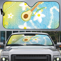 Hawaiian Ukulele Avocado Auto Sun Shade Leis and Polynesian Pattern